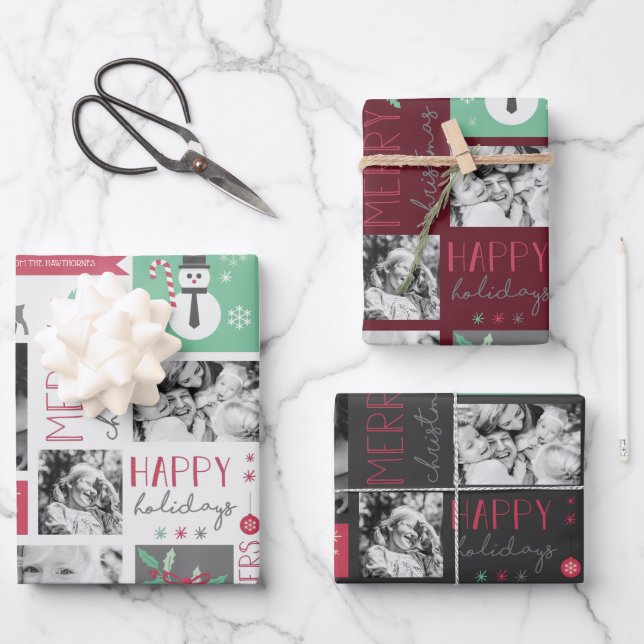 Weihnachten Personal 4 Foto Modernes festliches Tr Geschenkpapier Set (Vorderseite)