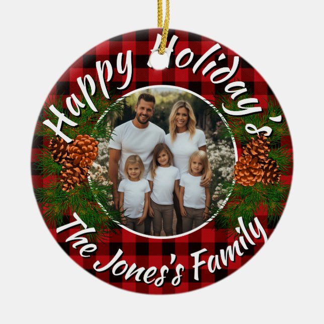 Weihnachten personalisiertes Foto rot kariert pine Keramik Ornament (Vorne)