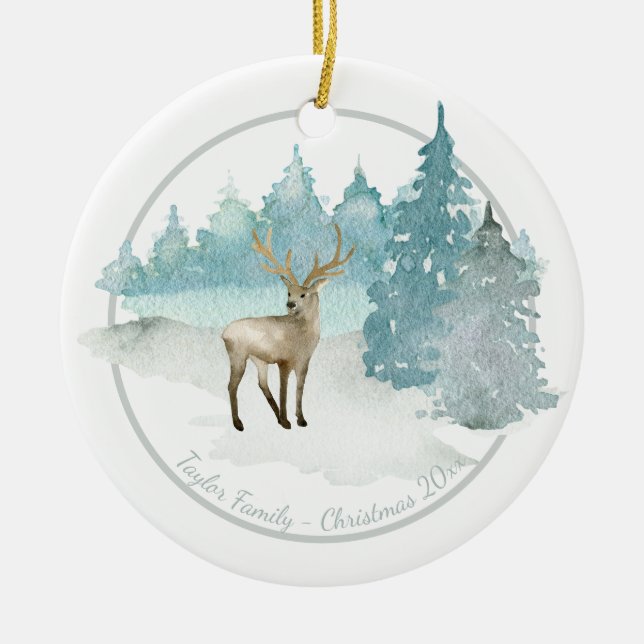 Weihnachten Personalisiertes Waldland Winterhirsch Keramik Ornament (Vorne)
