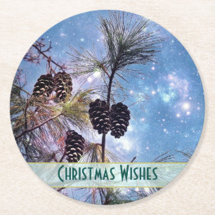Weihnachten Pine cones unter einem Sternenhimmel Runder Pappuntersetzer