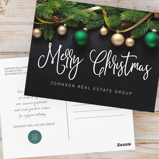 Weihnachten Pine Tree and Balls Frohe Weihnachten Postkarte (Von Creator hochgeladen)