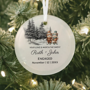 Weihnachten Pine Tree Bear Skiing Couple Verlobung Ornament Aus Glas