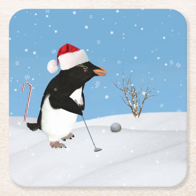 Weihnachten, Pinguin, der Golf spielt Rechteckiger Pappuntersetzer (Vorderseite)