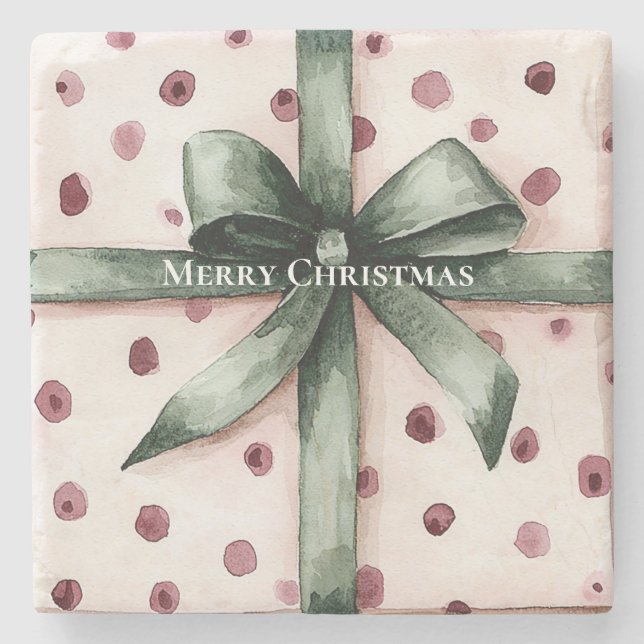 Weihnachten Pink Dots Grüne Schleife & Bow Steinuntersetzer (Vorderseite)