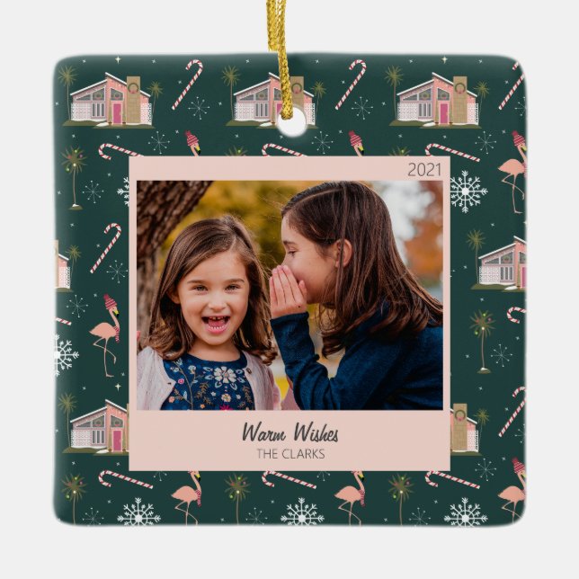 Weihnachten - Pink House Palm Tree Foto Keramikornament (Vorderseite)