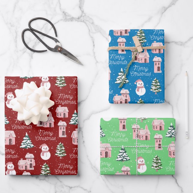 Weihnachten Pink Hütte Pine Tree Schneeferien Geschenkpapier Set (Vorderseite)