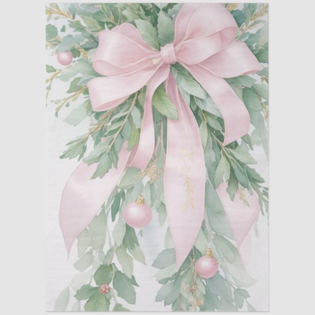 Weihnachten Pink Satin Ribbon Holly Greenery Seidenpapier (Vorderseite)