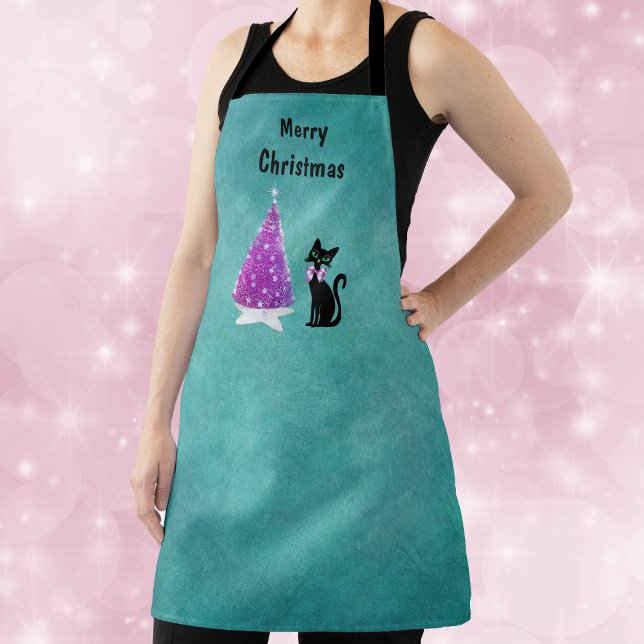Weihnachten Pink Silber Baum Stern Teppich Schwarz Schürze (Pink silver tree on star rug with black cat wearing pink bow on teal Christmas kitchen apron.)