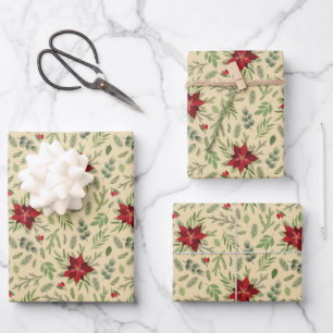 Weihnachten Poinsettia Blume Kiefernzweige Geschenkpapier Set
