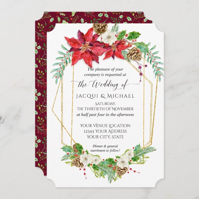 Weihnachten Poinsettia Burgundi Gold Wasserfarbe Einladung (Vorne/Hinten)