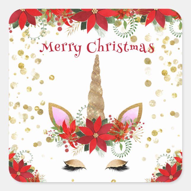 Weihnachten Poinsettia Einhorn mit Roten Gastgesch Quadratischer Aufkleber (Vorderseite)