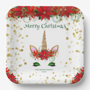 Weihnachten Poinsettia Einicorn mit grünem Schrift Pappteller