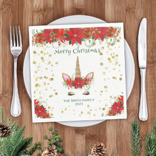 Weihnachten Poinsettia Einicorn mit grünem Schrift Serviette