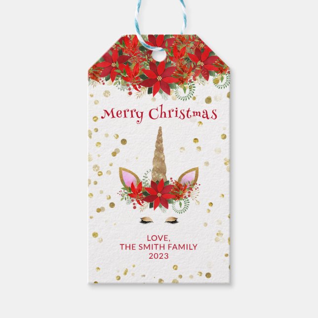 Weihnachten Poinsettia Einicorn mit Party vom Rote Geschenkanhänger (Vorderseite)