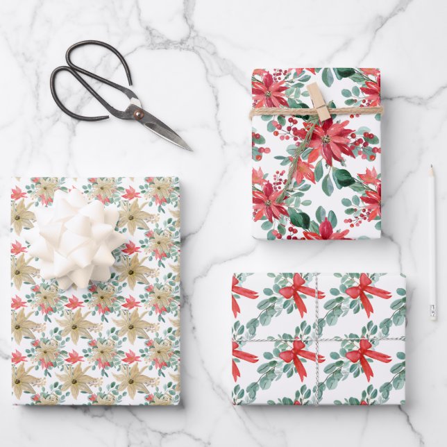 Weihnachten Poinsettia Farben Geschenkpapier Set (Vorderseite)