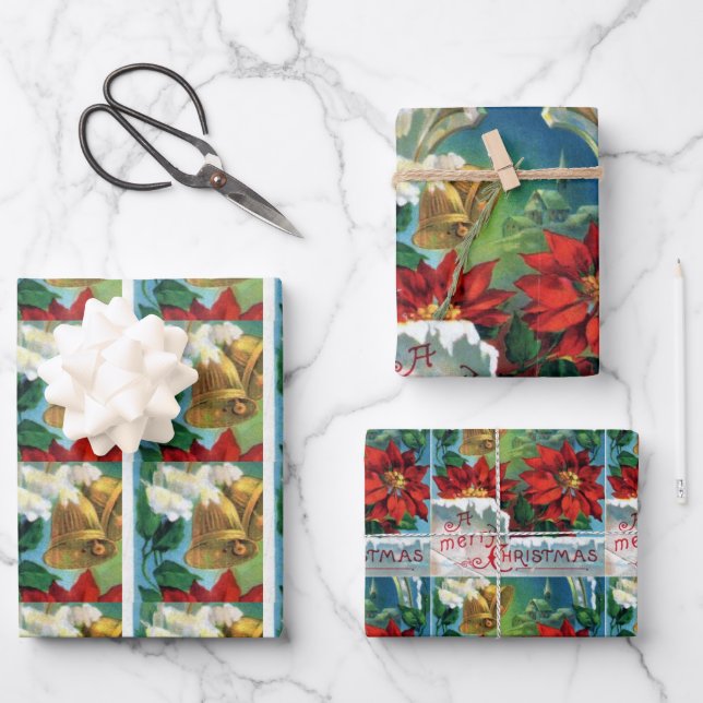 Weihnachten Poinsettia Gold Bells Geschenkpapier Set (Vorderseite)