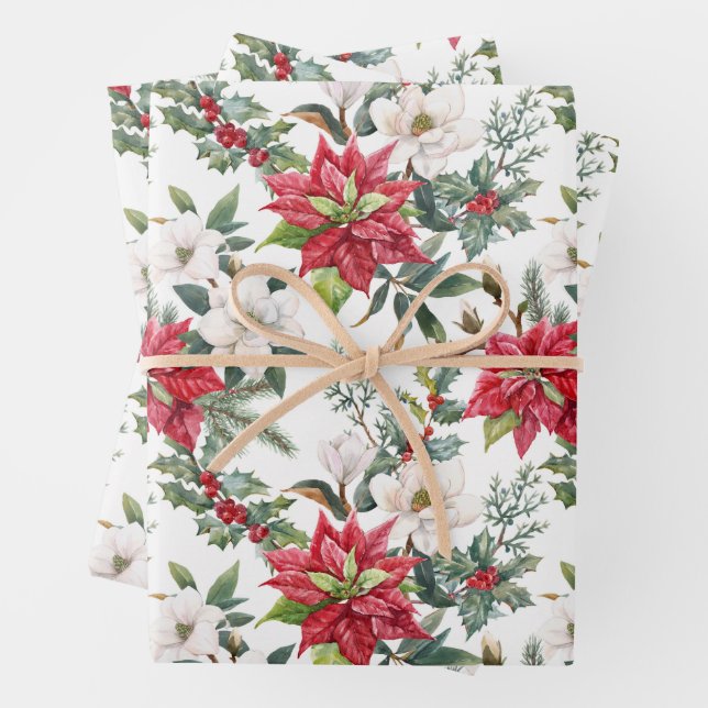 Weihnachten Poinsettia, Kamelien Blume & Berries Geschenkpapier Set (Beispiel)