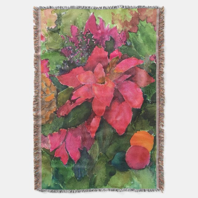 Weihnachten Poinsettia Original Aquarellmalerei Decke (Vorderseite Vertikal)