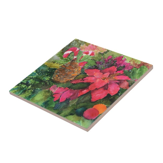 Weihnachten Poinsettia Original Aquarellmalerei Fliese (Seite)