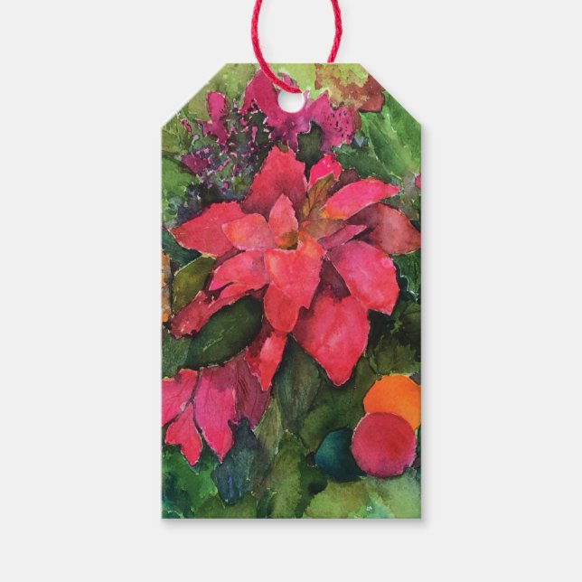 Weihnachten Poinsettia Original Aquarellmalerei Geschenkanhänger (Vorderseite)