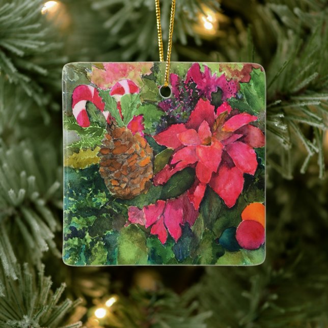 Weihnachten Poinsettia Original Aquarellmalerei Keramikornament (Baum)