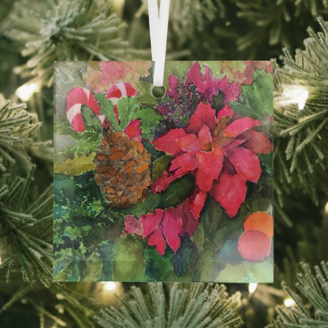 Weihnachten Poinsettia Original Aquarellmalerei Ornament Aus Glas (Insitu)