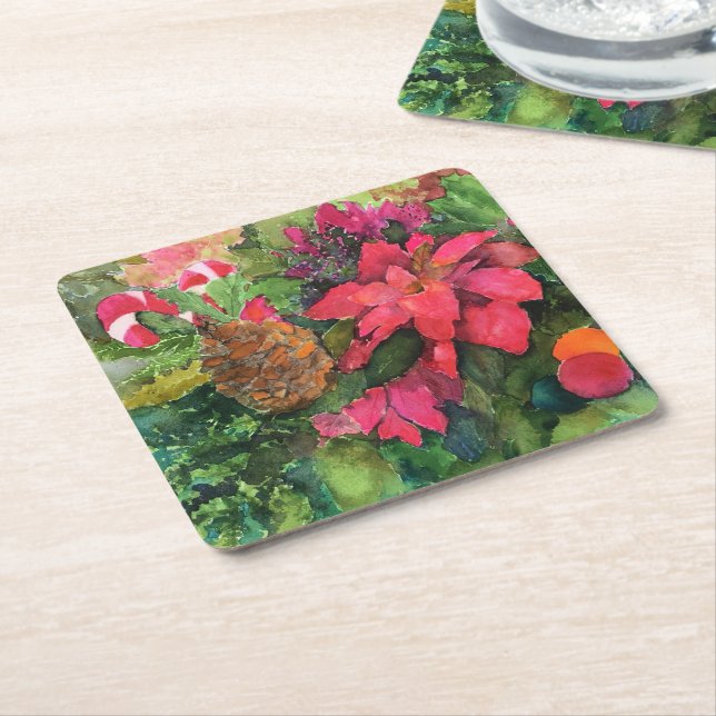 Weihnachten Poinsettia Original Aquarellmalerei Rechteckiger Pappuntersetzer (angewinkelt)