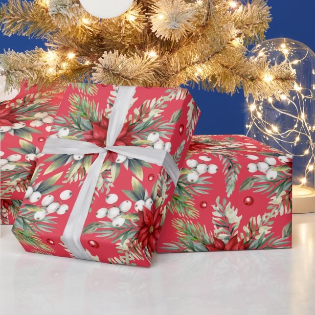 Weihnachten Poinsettia Rote Grüne Klassische Elega Geschenkpapier (Feiertage)