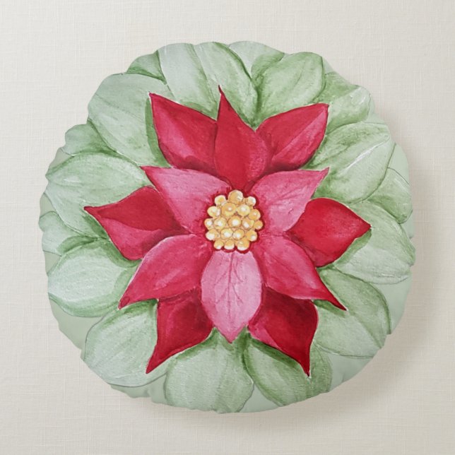 Weihnachten Poinsettia Wasserfarbe Handgemalt Rundes Kissen (Vorderseite)