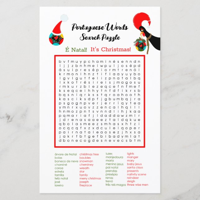 Weihnachten Portugiesische Word Suche Puzzle für K (Vorderseite)