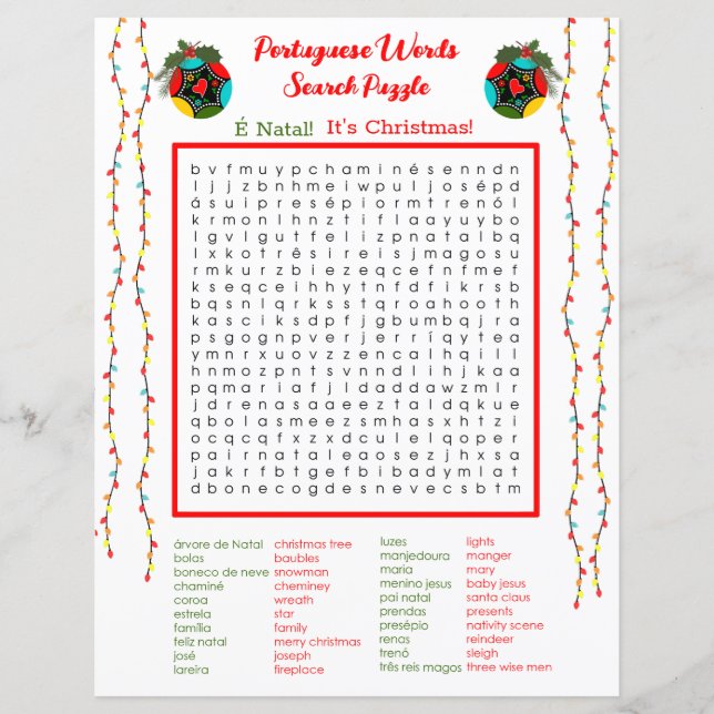 Weihnachten Portugiesische Word Suche Puzzle für K (Vorderseite)