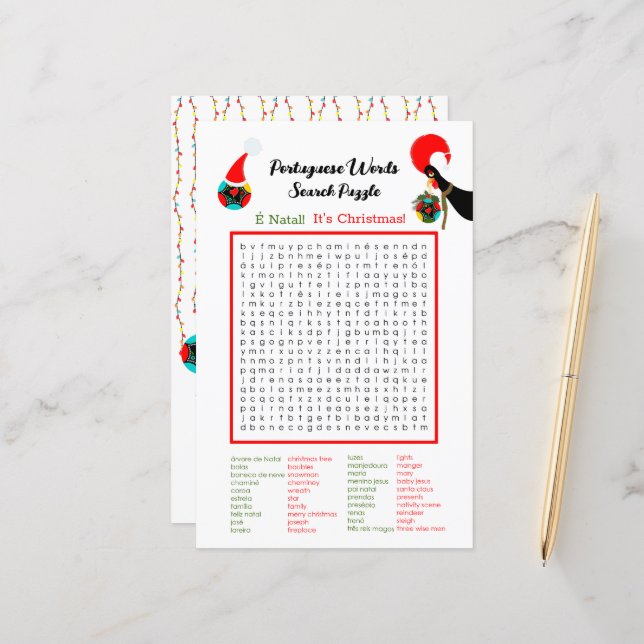 Weihnachten Portugiesische Word Suche Puzzle für K (Vorderseite/Rückseite Beispiel)
