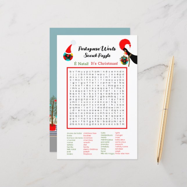 Weihnachten Portugiesische Word Suche Puzzle für K (Vorderseite/Rückseite Beispiel)