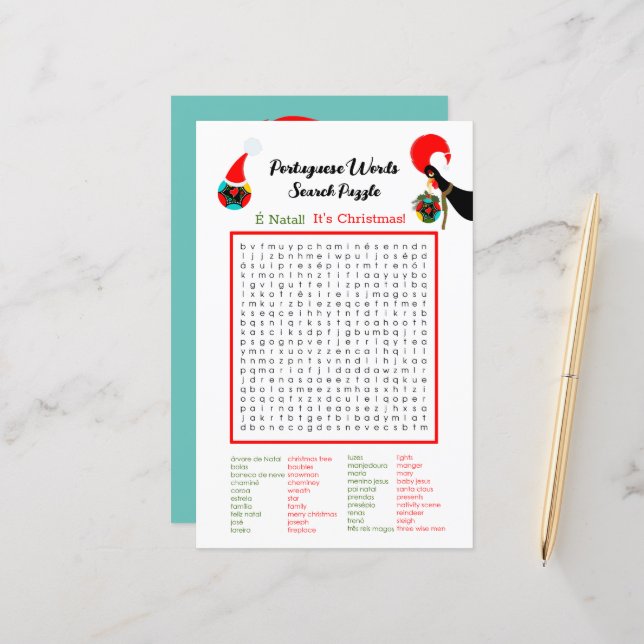 Weihnachten Portugiesische Word Suche Puzzle für K (Vorderseite/Rückseite Beispiel)