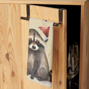 Weihnachten Raccoon Weihnachtsmannmütze Wasserfarb Geschirrtuch