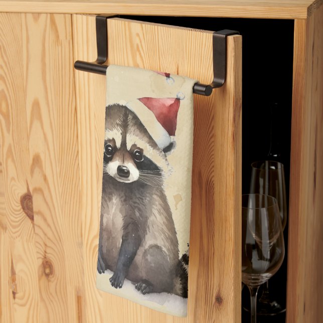 Weihnachten Raccoon Weihnachtsmannmütze Wasserfarb Geschirrtuch (Drittel gefaltet)