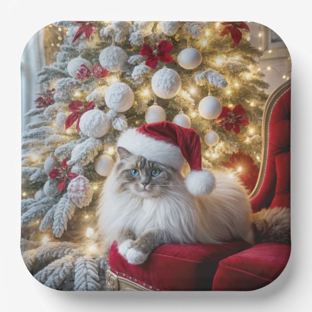 Weihnachten Ragdoll Cat On Red Vintag Chair Pappteller (Vorderseite)