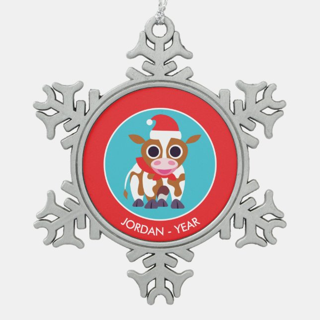Weihnachten Reba die Kuh Schneeflocken Zinn-Ornament (Vorderseite)