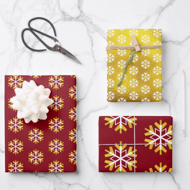 Weihnachten Red Gold Snowflake Muster kühne Modern Geschenkpapier Set (Vorderseite)