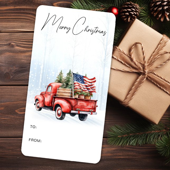 Weihnachten Red Truck Patriotic Flag Geschenk Adressaufkleber (Von Creator hochgeladen)