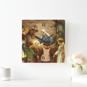 Weihnachten, Religiöse Geburt w Baby Jesus Quadratische Wanduhr