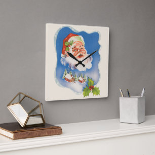 Weihnachten, Retro Jolly Weihnachtsmann Quadratische Wanduhr