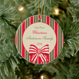 Weihnachten Retro Rot Grün Streifen mit Schleife Keramik Ornament