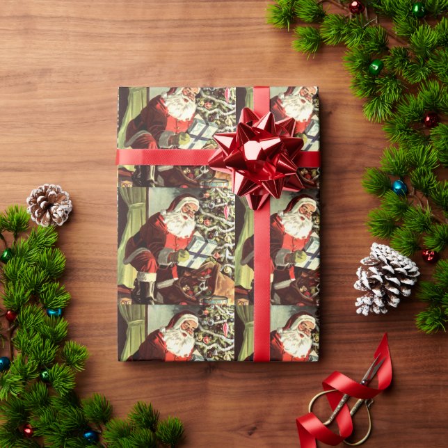 Weihnachten, Retro Weihnachtsmann mit Geschenken Geschenkpapier (Feiertagsgeschenk)