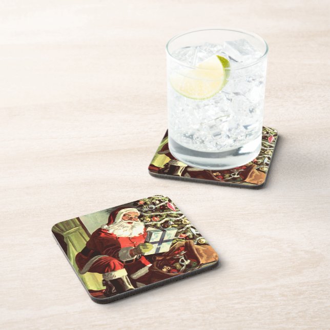 Weihnachten, Retro Weihnachtsmann mit Geschenken Getränkeuntersetzer (Rechte Seite)
