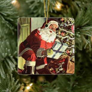 Weihnachten, Retro Weihnachtsmann mit Geschenken Keramikornament