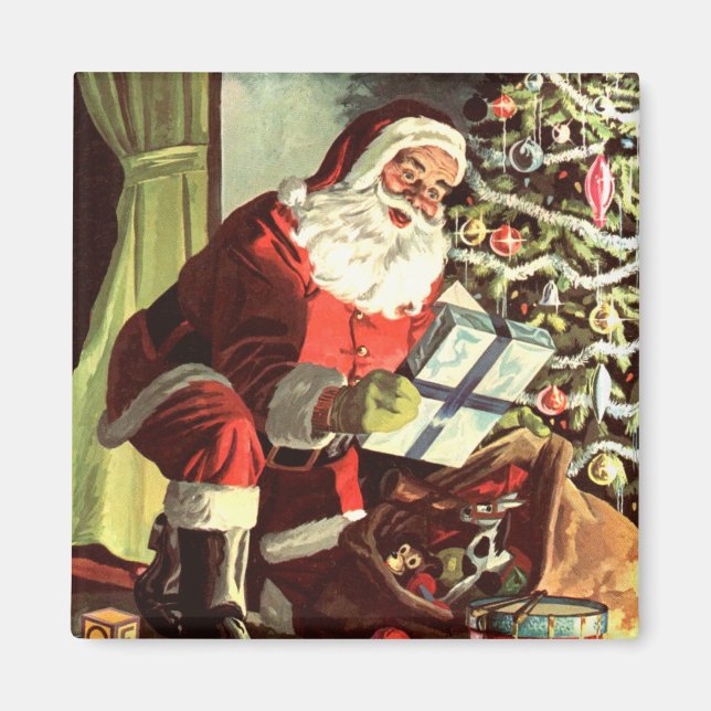 Weihnachten, Retro Weihnachtsmann mit Geschenken Magnet (Vorne)