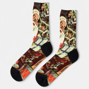 Weihnachten, Retro Weihnachtsmann mit Geschenken Socken