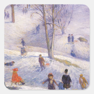 Weihnachten, Rodeln, Central Park Glackens Quadratischer Aufkleber