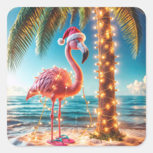 Weihnachten rosa Flamingo in krumpelnden Lichtern Quadratischer Aufkleber